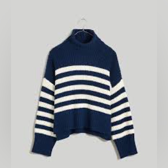 Madewell Striped Knit Navy and White Size XL Turtleneck Chunky Sweater - Picture 12 of 12